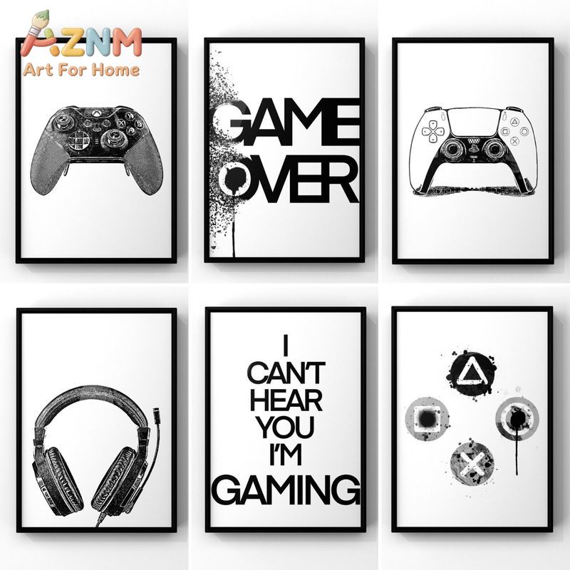 Gaming Accessories For Room - AZNM ภาพผ้าแคนวาสสีขาวดำสำหรับตกแต่งผนังห้องเกมเมอร์ ลายคอนโทรลเลอร์เกม หูฟัง คำพูด Game